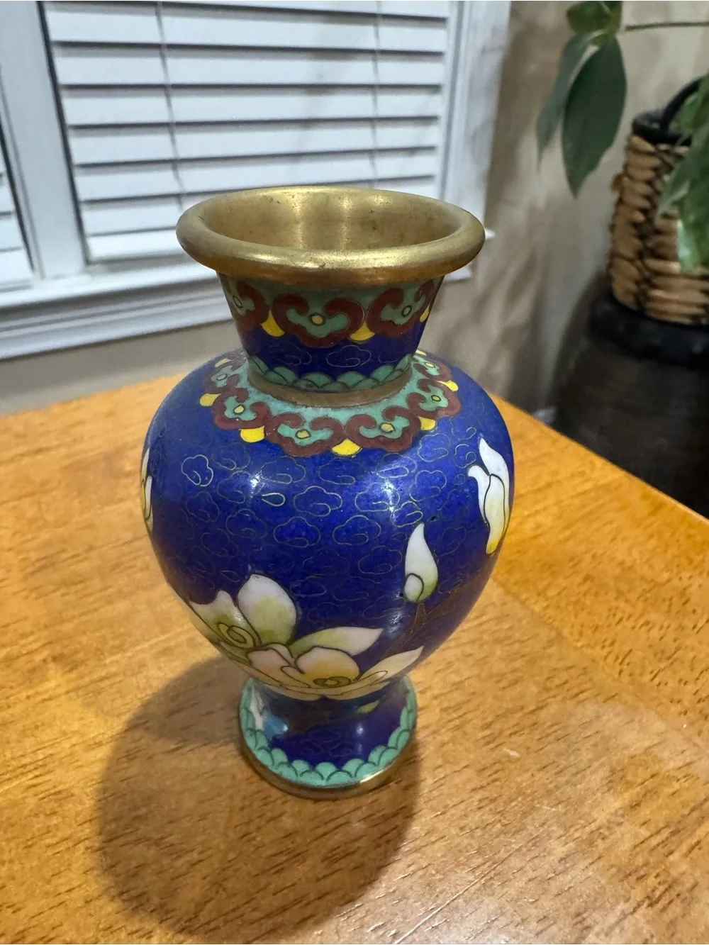 Vintage Blue Chinese Floral Cloisonné Accent Mini Vase - Home Accents